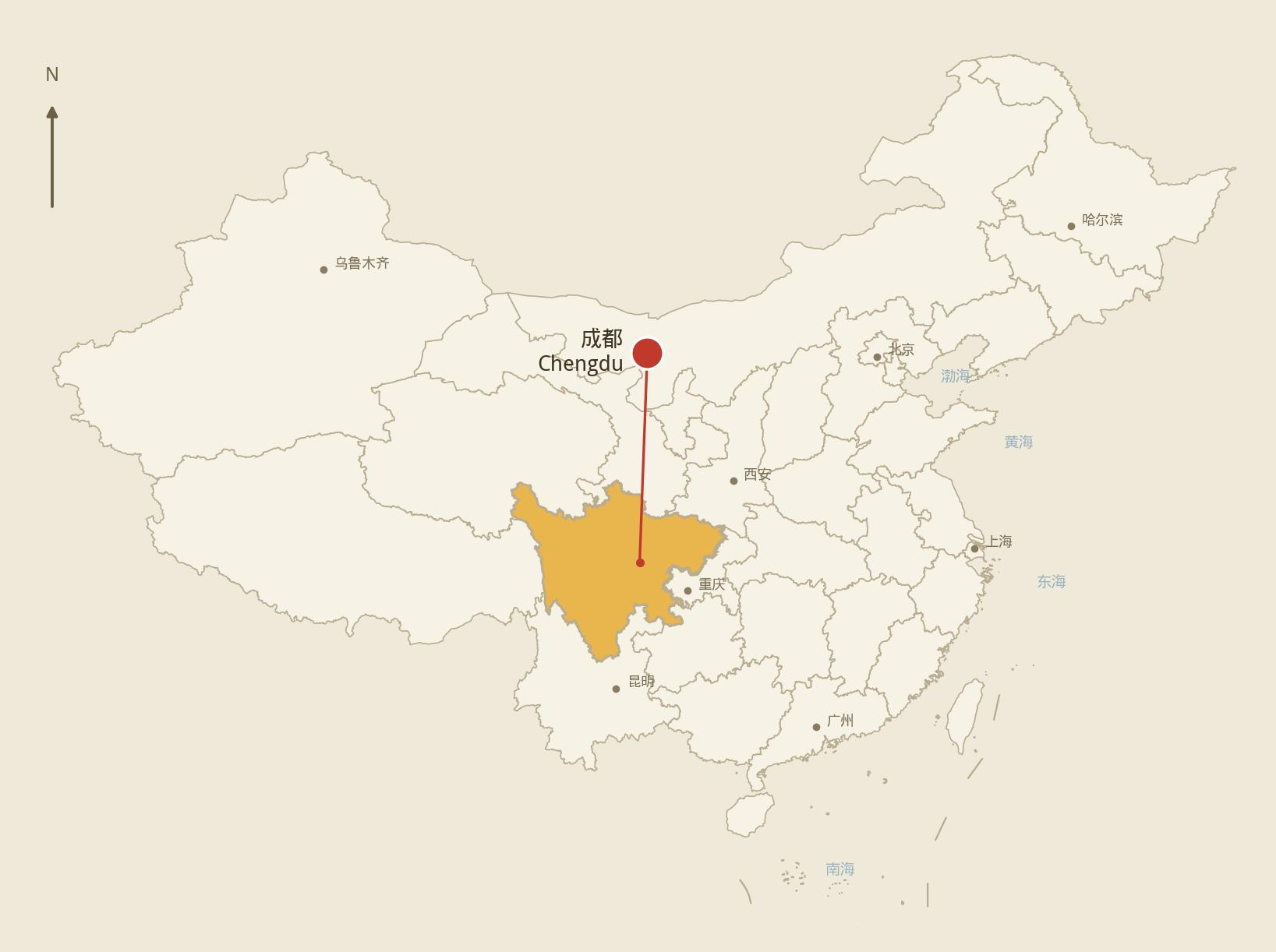 中国示意地图，红色别针指向成都 · Sketch map of China with a red pin on Chengdu