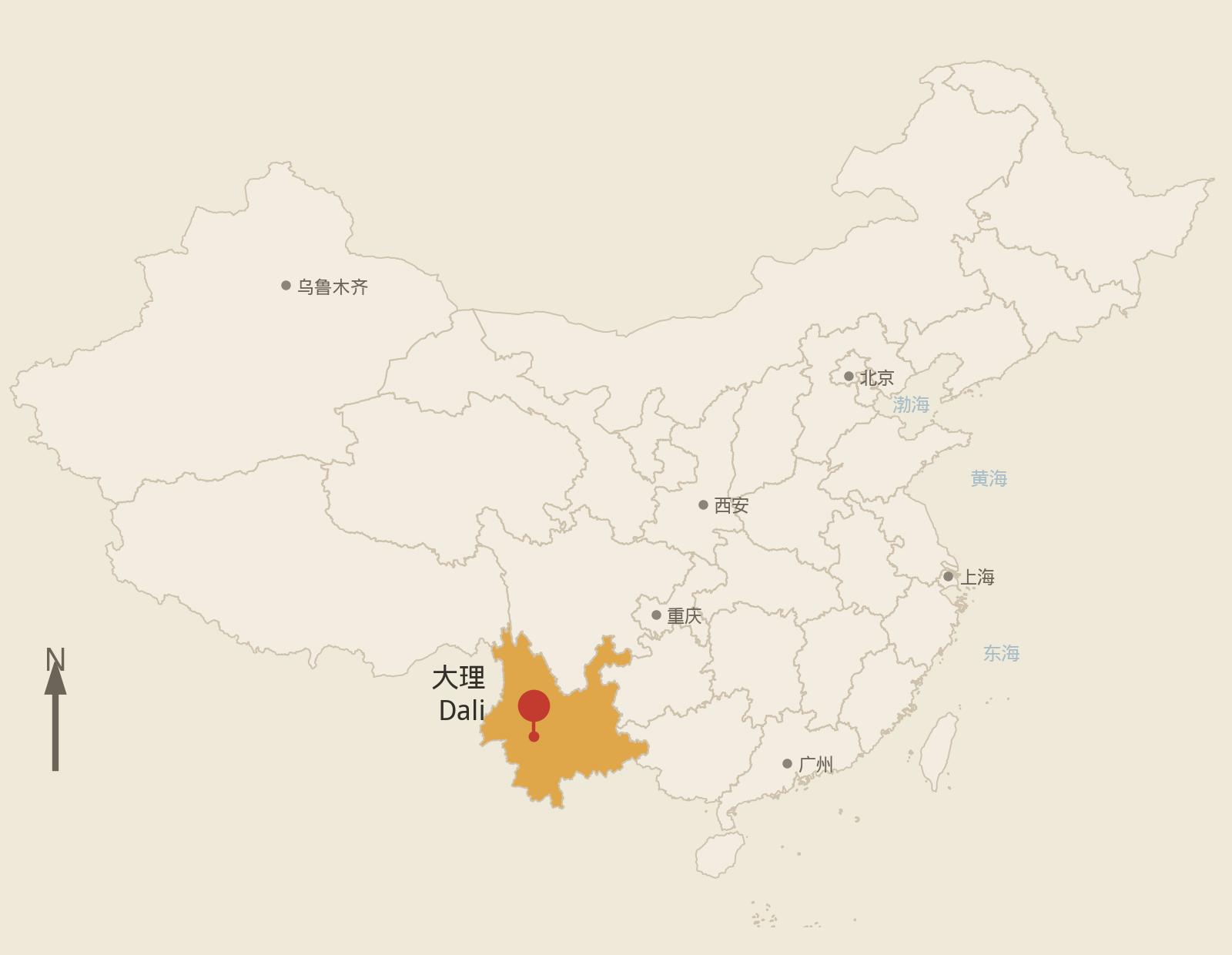 中国示意地图，红色别针指向大理 · Sketch map of China with a red pin on Dali